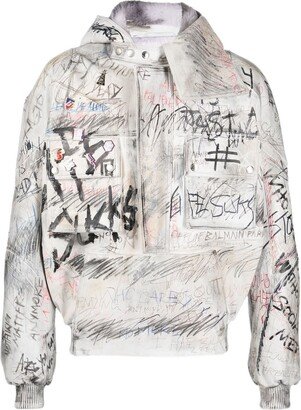 Graffiti-Print Aviator Leather Jacket