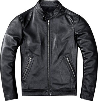 BONNETO Men's Black Leather Jacket - Lightweight Classic Zip-up Cafe Racer Style Real Lambskin Leather Jacket For Men's. (US