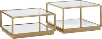 2pc Renee Coffee Table Set with Mirrored Top and Shelf Rose Brass
