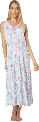 V-Neck Sleeveless Maxi Gown (White Tropical) Women's Pajama