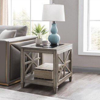 TOSWIN End Table Solid Wood and Tempered Glass Top with Open Partition