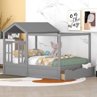 EDWINRAY Full House Bed for Kids Girls Boys, Solid Wood Platform Bed Frame w/ Storage Drawers, Roof & Window, No Box Spring Needed, Grey