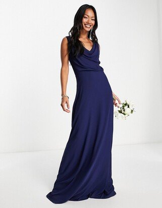 Bridesmaid cowl neck button back maxi dress in navy blue