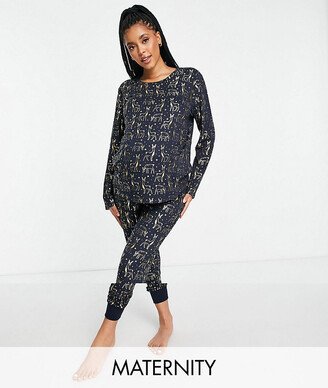 Chelsea Peers Maternity reindeer foil pajamas in navy