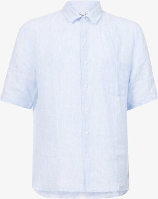 ens Cool Blue icro Stripe Regular-fit Curved-hem Linen Shirt