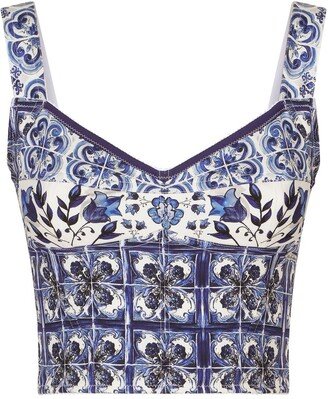 Majolica-print bustier cropped top