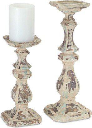 Set of 2 Weathered Finish Pillar Candle Holders 14