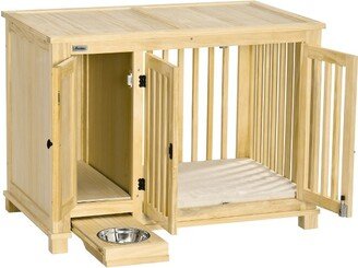 Small Dog Crate Furniture with Cabinet & Cushion, Wooden Dog Crate End Table with Food Bowl in Drawer, Indoor Dog Kennel Furniture Bed, Natural