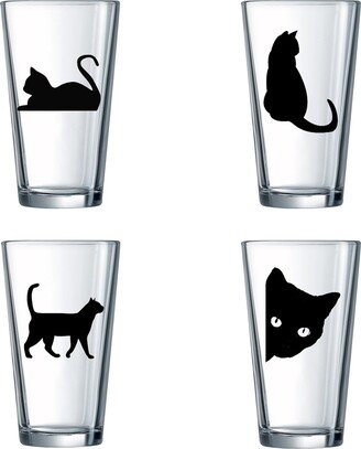 Cute Cats Being Drinking Glasses Set Of 4 Engraved 16Oz. Gift For Cat Lover Decor Mom Diamond Black Finish, Mother's Day Gifts