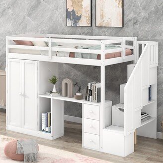 Twin Size Loft Bed with Wardrobe, Staircase,Desk,Drawers and Cabinet