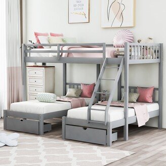 Modern Wood Triple Bunk Bed with Drawers and Guardrails