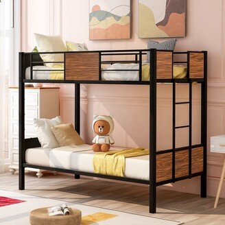 Aoolive Twin-over-twin bunk bed modern style steel frame bunk bed with safety rail, built-in ladder for bedroom, dorm