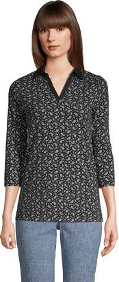 Women's Petite 3/4 Sleeve Supima Cotton Johnny Collar Tunic - Small - Black Geo Paisley