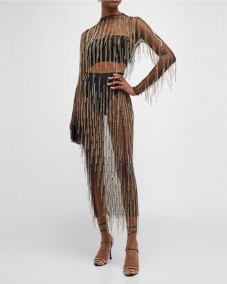 Crystal Fringe Side-Slit Mesh Midi Skirt