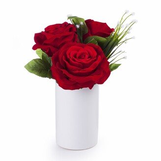 Mixed Artificial Velvet Roses Fake Silk Flowers Arrangement in White Ceramic Vase for Home Wedding Centerpiece - N/A