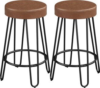 Set of 2 Faux Leather Round Backless Counter Stools, Retro Brown