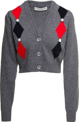 Grey Cardigan With 'diamond' Motif And Embroidered Rose Detail In Wool Woman