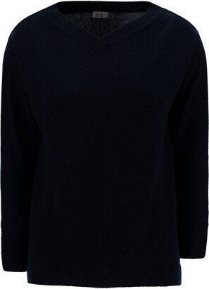 Rosso Puro Blue V Neck Sweater With Ribbed Trims In Cashmere Woman