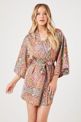 Belted Satin Ornate Print Kimono