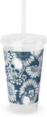 Travel Mugs: Floral Skull - Blue Acrylic Tumbler With Straw, 16Oz, Blue