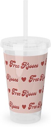 Travel Mugs: Free Kisses - Retro Hearts - Red On Pink Acrylic Tumbler With Straw, 16Oz, Pink