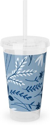 Travel Mugs: Dotty Floral - Blue Acrylic Tumbler With Straw, 16Oz, Blue