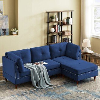 TOSWIN Sectional Sofa L-shaped Couch Velvet 3-seater Sofa with Ottoman and Nail Head