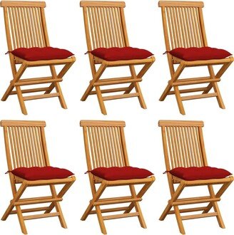 Patio Chairs with Red Cushions 6 pcs Solid Teak Wood