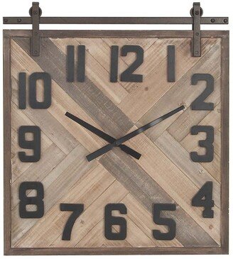 WILLOW ROW Brown Wood Sliding Barn Door Style Wall Clock