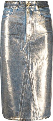 Metallic-Finish Denim Midi Skirt