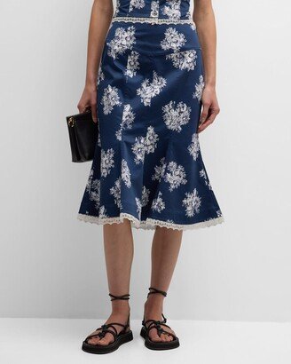 Flared Floral-Print Lace-Trim Midi Skirt