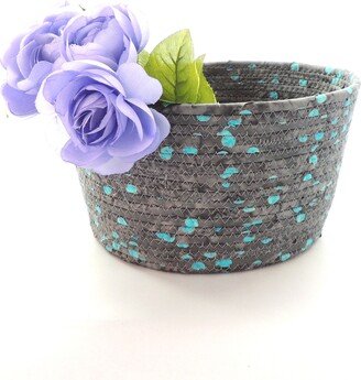 Large Gray & Aqua Bowl // Blue Handmade Coiled Fabric Basket Home Decor Gift