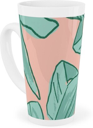 Mugs: Lush Tropical Leaves - Pink And Mint Tall Latte Mug, 17Oz, Green