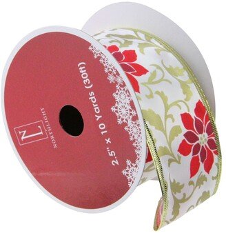 Northlight Red Poinsettia Print Gold Wired Christmas Craft Ribbon 2.5