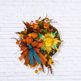 Floral Sunshine Wreath For Front Door, Unique Handmade Sun Decoration Home, Fall Grapevine & Ranunculus