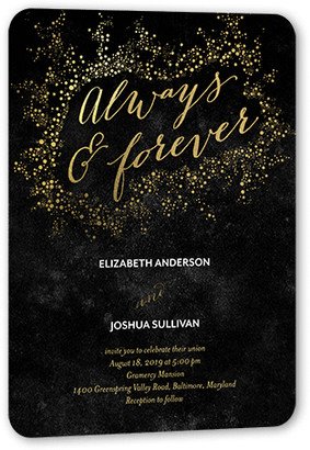 Wedding Invitations: Dazzling Flare Wedding Invitation, Gold Foil, Black, 5X7, Signature Smooth Cardstock, Rounded