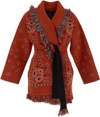 Bandana Jacquard Fringed Belted Cardigan