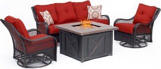 Orleans 4-Piece Woven Fire Pit Lounge Set in Autumn Berry with Sofa, 2 Swivel Gliders and Durastone Fire Pit