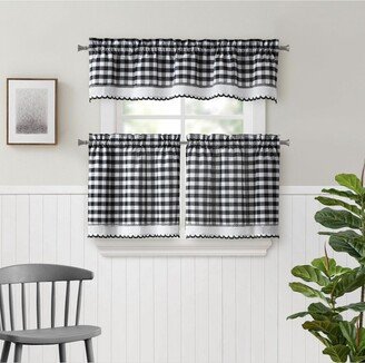 Kate Aurora Complete 3 Piece Country Farmhouse Plaid Gingham Black & White Buffalo Check Kitchen Curtain Tier & Valance Set