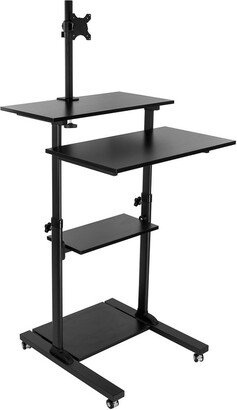 Mobile Stand Up Desk / Height Adjustable Computer Rolling Presentation Cart With Monitor Arm , Black
