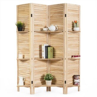 4 Panel 5.6 Ft Tall Wood Room Divider with 3 Display Shelves