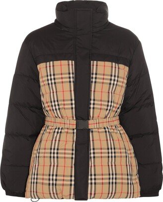 Checked Panelled Belted Waist Padded Jacket