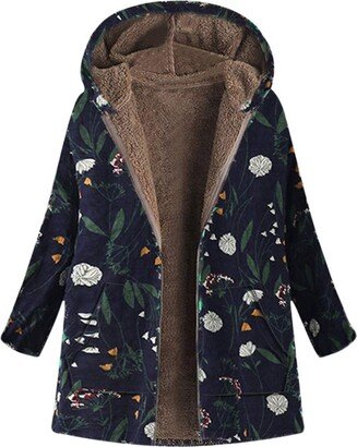 Generic Womens Oversized Sherpa Lined Jacket Coat Floral Printed Hoodies Vintage Full Zip Cardigan Pullover with Pockets(Navy