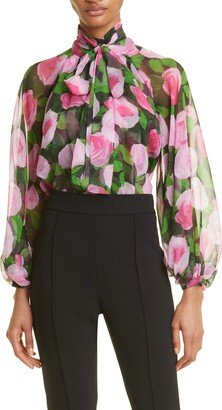 Rosebud Print Balloon Sleeve Silk Blouse