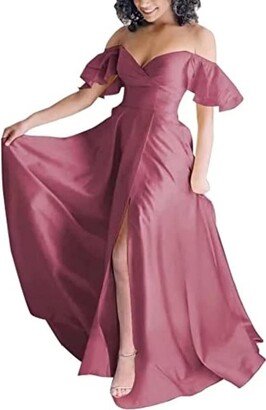 FHMRV Women's Off Shoulder Satin Bridesmaid Dresses for Wedding with Slit Long Formal Evening Dress with Pockets (Color : Desert Rose