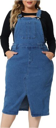 Agnes Orinda Women's Plus Size Overall Classic Adjustable Straps Above Knee Slit Hem Denim Dresses Blue 2X