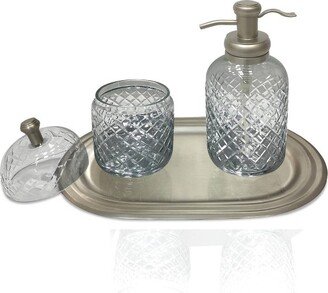 Set of 3 Emory Vintage Glass Plated Soap Pump & Q-tip Jar set with Vanity Tray Pewter