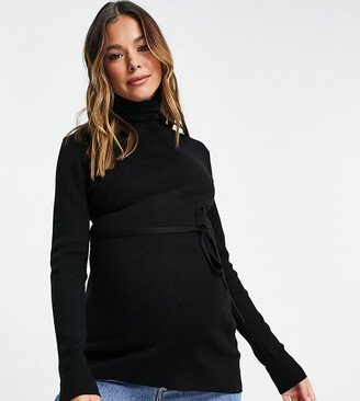 Mamalicious Maternity roll neck knit top with tie waist in black