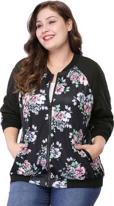 Agnes Orinda Agne Orinda Women' Plu Size Zipper Raglan Sleeve Floral Bomber Jacket Black 1X