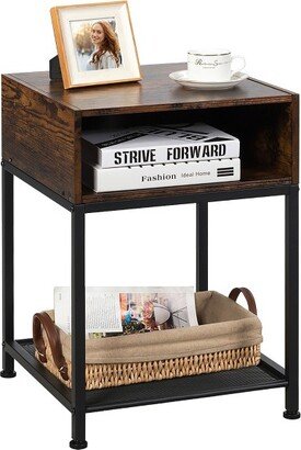 Industrial Nightstand End Side Table W/ Compartment & Mesh Shelf Rustic Brown